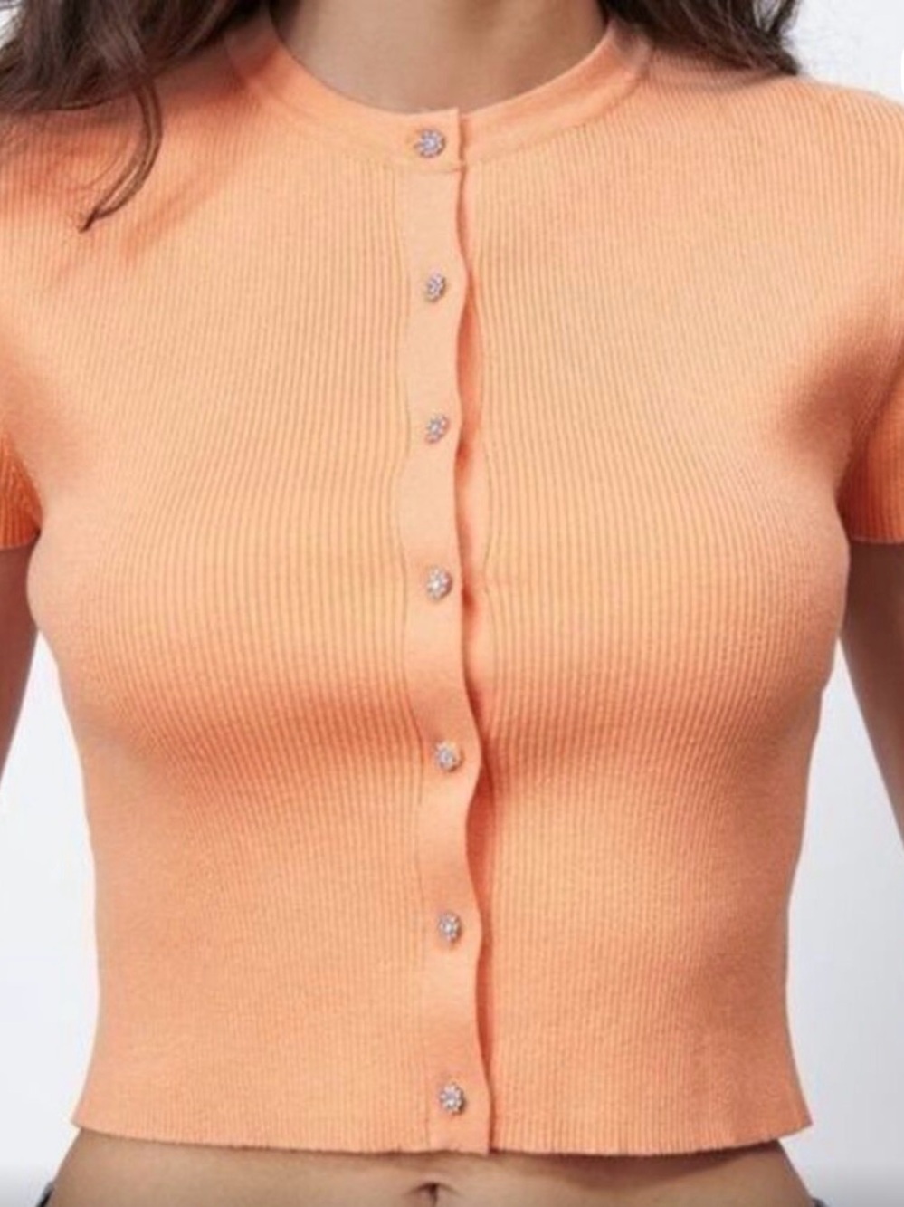 Zara Peach Ribbed Cropped Button-Front Cardigan